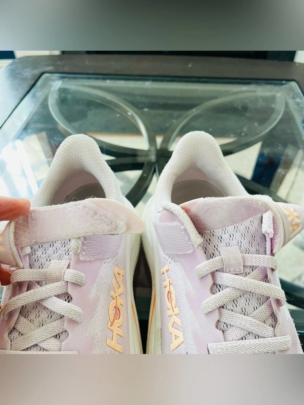 Sz 1.5 Hoka Clifton 10 Little Kids Running Shoes lilac cream/tangerine glow
